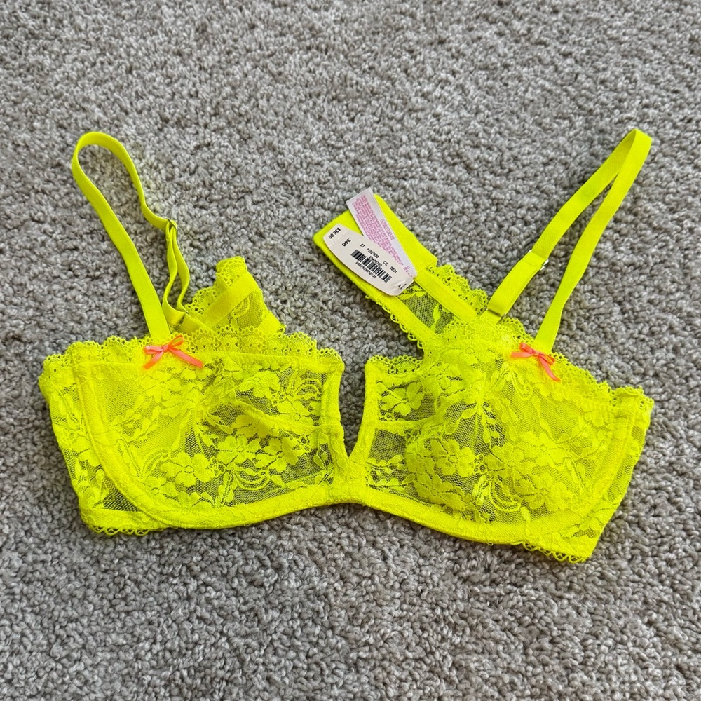 Victoria’s Secret Neon Yellow Lace Bra Size 34B